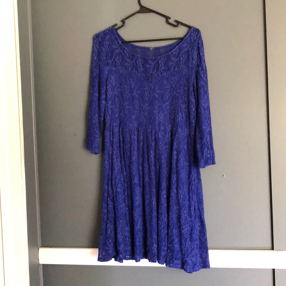 blue lace dress with slip under.